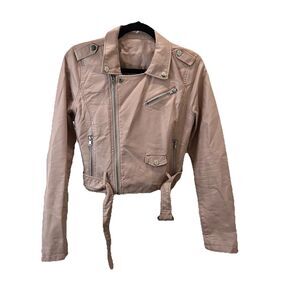 Womens Light Pink Faux Leather Full Zip Crop Moto Motorcycle Jacket Size S